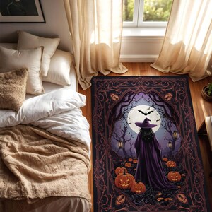 Alfombra de Halloween de bruja oscura con luz de luna y calabazas, alfombra gótica espeluznante para sala de estar de brujas, casa embrujada o hogar místico. imagen 4