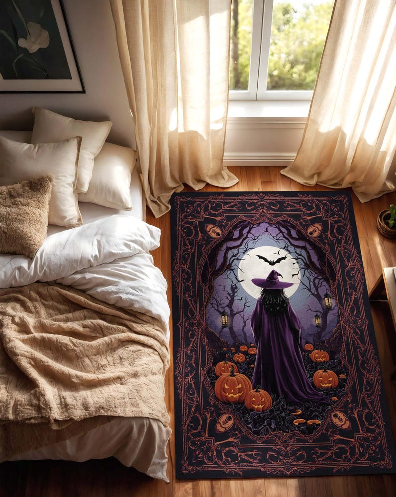 Alfombra de Halloween de bruja oscura con luz de luna y calabazas, alfombra gótica espeluznante para sala de estar de brujas, casa embrujada o hogar místico. imagen 4