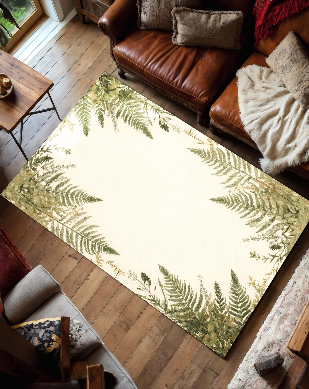 Botanical Fern Area Rug | Green Leaf Border Carpet | Nature Inspired ...