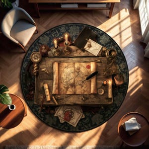 Vintage Explorer Map Rug, Round Adventure Carpet with Candles, Quill & Treasure Scrolls, Steampunk and Historical Decor for Study Rooms