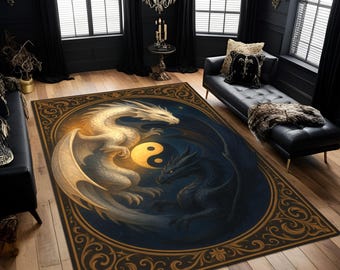 Yin Yang Dragon Rug, Fantasy Gothic Rug with White & Black Dragons, Symbolic Washable Rug, Mystic Creature Carpet, Balance Energy Area Rug