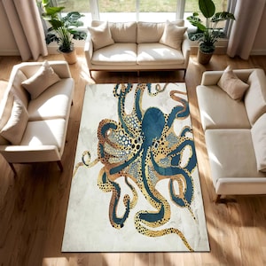 Octopus Coastal Rug, Modern Tentacle Sea Life Carpet, Abstract Marine Animal Decor for Nautical Beach House, Ocean Themed Living Room Accent