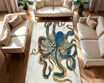 Octopus Coastal Rug, Modern Tentacle Sea Life Carpet, Abstract Marine Animal Decor for Nautical Beach House, Ocean Themed Living Room Accent