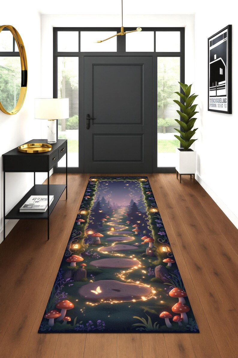 Fairy Forest Runner Rug, Whimsical Glowing Pathway Rug, Fairycore Kids Room Decor, Enchanted Mushroom Carpet, Magical Woodland Hallway Rug image 4