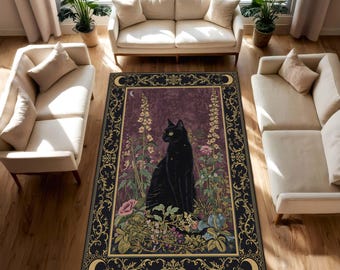 Black Cat Floral Rug, Witchy Celestial Area Rug, Gothic Botanical Decor, Moon Phase Carpet, Vintage Art Nouveau Mat for Living Room Bedroom