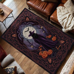 Alfombra de Halloween de bruja oscura con luz de luna y calabazas, alfombra gótica espeluznante para sala de estar de brujas, casa embrujada o hogar místico. imagen 2