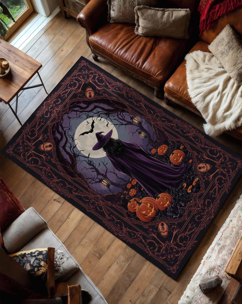 Alfombra de Halloween de bruja oscura con luz de luna y calabazas, alfombra gótica espeluznante para sala de estar de brujas, casa embrujada o hogar místico. imagen 2