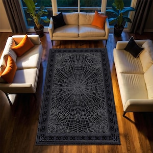Gothic Black Spider Web Rug for Living Room, Halloween Style Dark Aesthetic Carpet, Creepy Web Design Area Rug for Spooky Home Decor