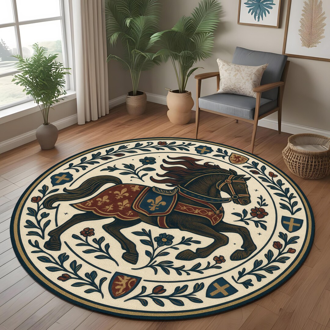 Knight Castle Rug Noble Knight Horse Round Rug: Heraldic Medieval Tapestry Style Rug With ...