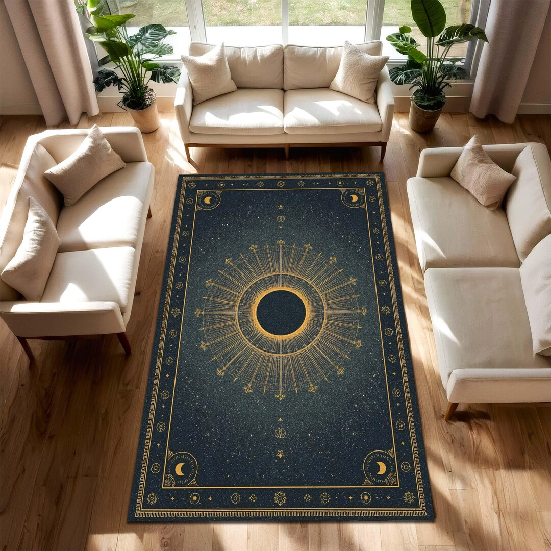 Celestial Sun Eclipse Rug, Dark Blue Solar Mandala Carpet, Gold ...