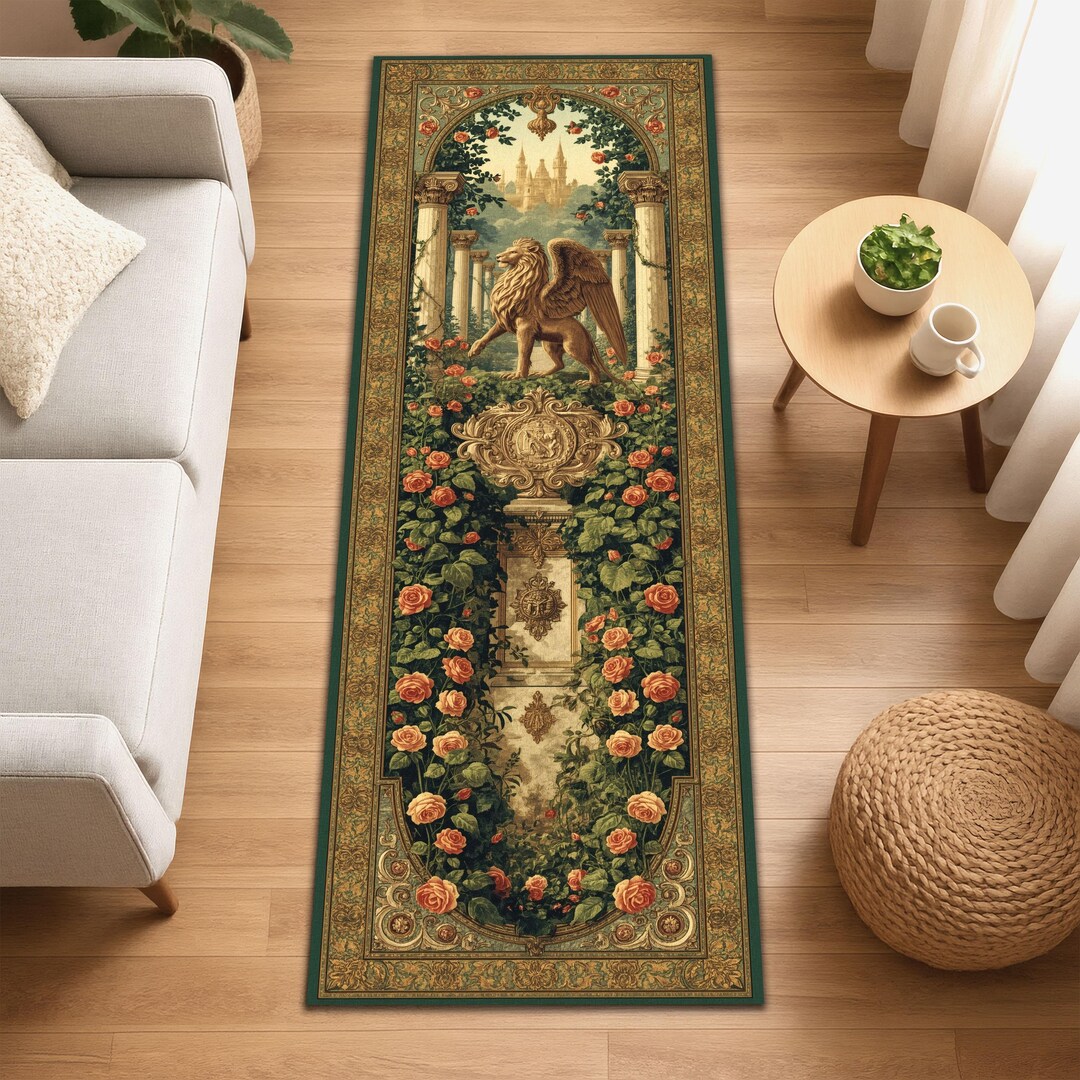 Royal Griffin Garden Runner Rug, Mythical Fantasy Rug, Baroque Tapestry ...