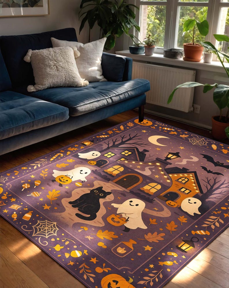 気まぐれなハロウィンラグ、黒猫とお化け屋敷でトリック・オア・トリートをする幽霊、不気味なゴシックルームの装飾に最適な紫色の魔女風秋カーペット 画像 3
