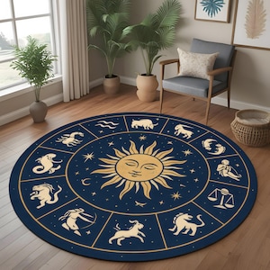 Alfombra circular del zodíaco: alfombra astrológica redonda con los 12 signos del horóscopo y un sol dorado, decoración celestial para espacios místicos y bohemios.