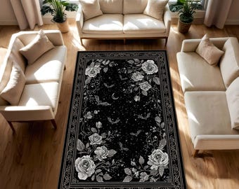 Gothic Black Rose Rug with Moon and Bats – Vintage Floral Area Rug for Living Room Bedroom, Dark Academia Aesthetic Home Decor Carpet