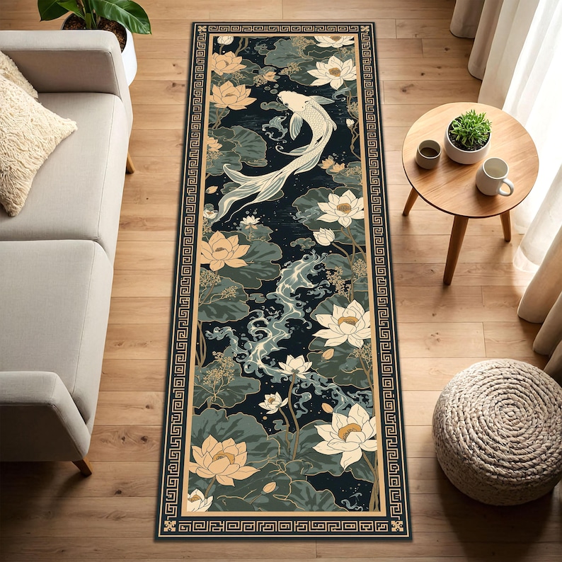 May include: A rectangular rug with a dark blue background featuring a koi carp, lotus flowers, and lily pads. The rug has a beige border with a geometric pattern. The design incorporates shades of white, beige, and green.