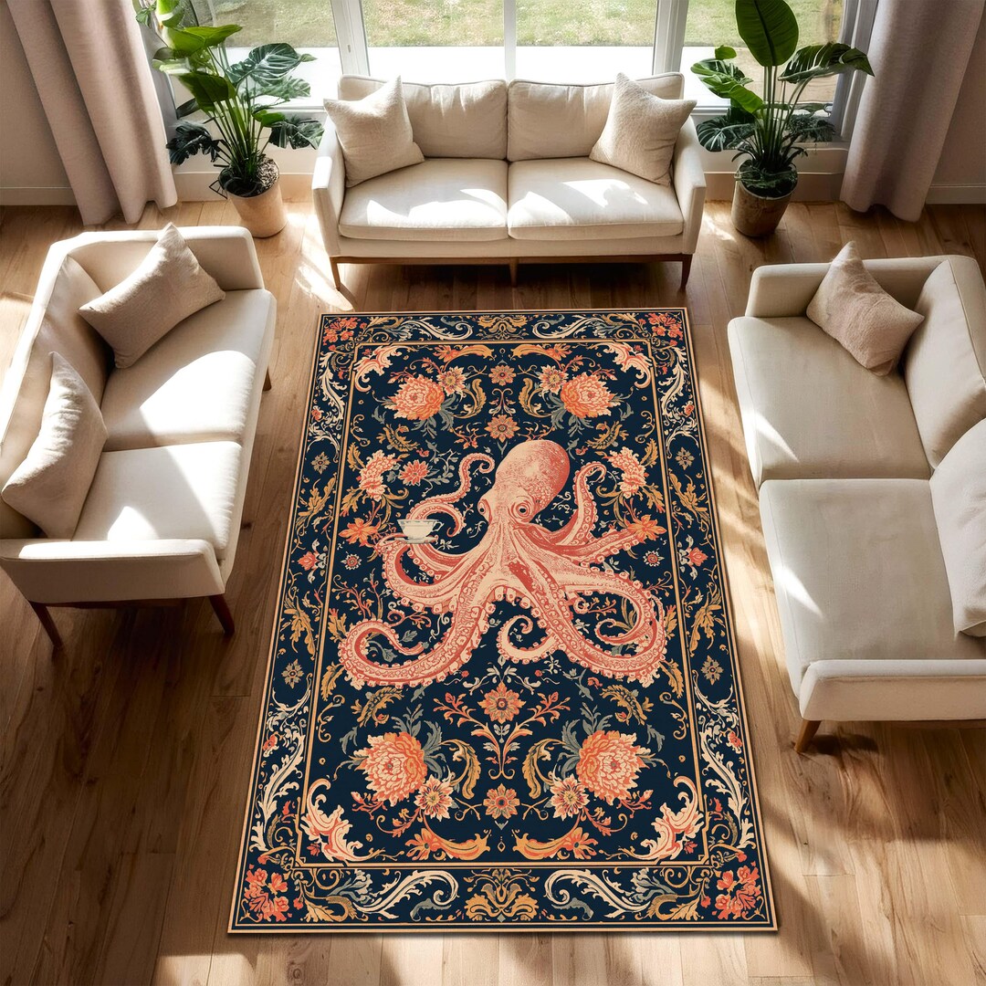 Navy Octopus Area Rug Vintage Floral Baroque Ocean Decor, Dark Blue ...