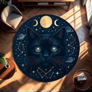 Celestial Cat Rug Round, Cosmic Black Cat Carpet with Stars and Moon Phases, Witchy Galaxy Animal Floor Art, Constellation Magic Decor