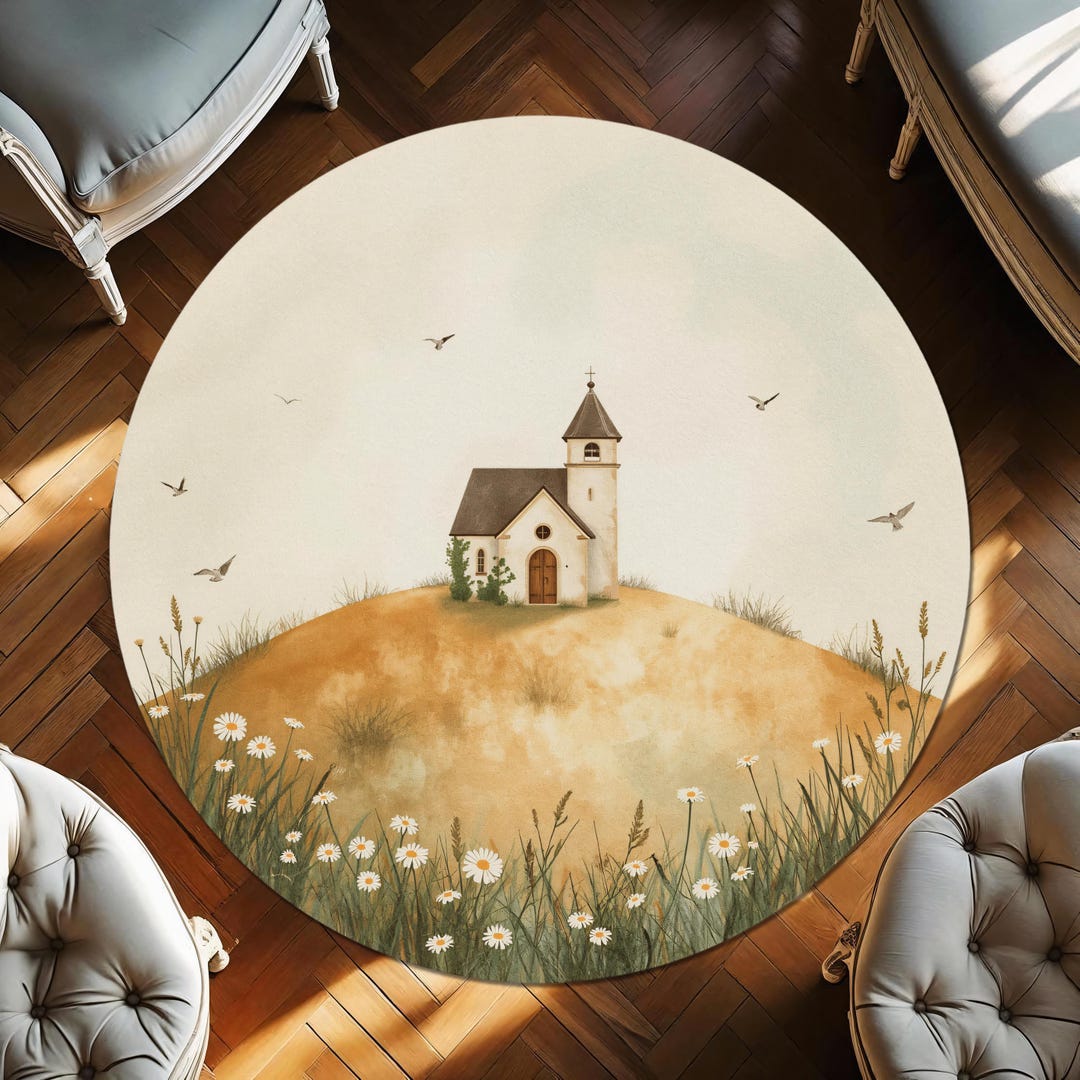 Church Rug Vintage Country Church Round Rug, Daisy Meadow Floor Mat, French ...