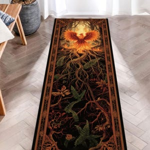 Phoenix Roots Runner-tapijt, tapijt vuurgeest, bos tapijt wedergeboorte, tapijt mythisch wezen, fantasie gangdecor, wasbaar gotisch tapijt afbeelding 2