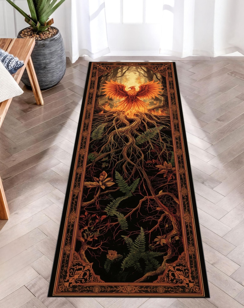 Phoenix Roots Runner-tapijt, tapijt vuurgeest, bos tapijt wedergeboorte, tapijt mythisch wezen, fantasie gangdecor, wasbaar gotisch tapijt afbeelding 2