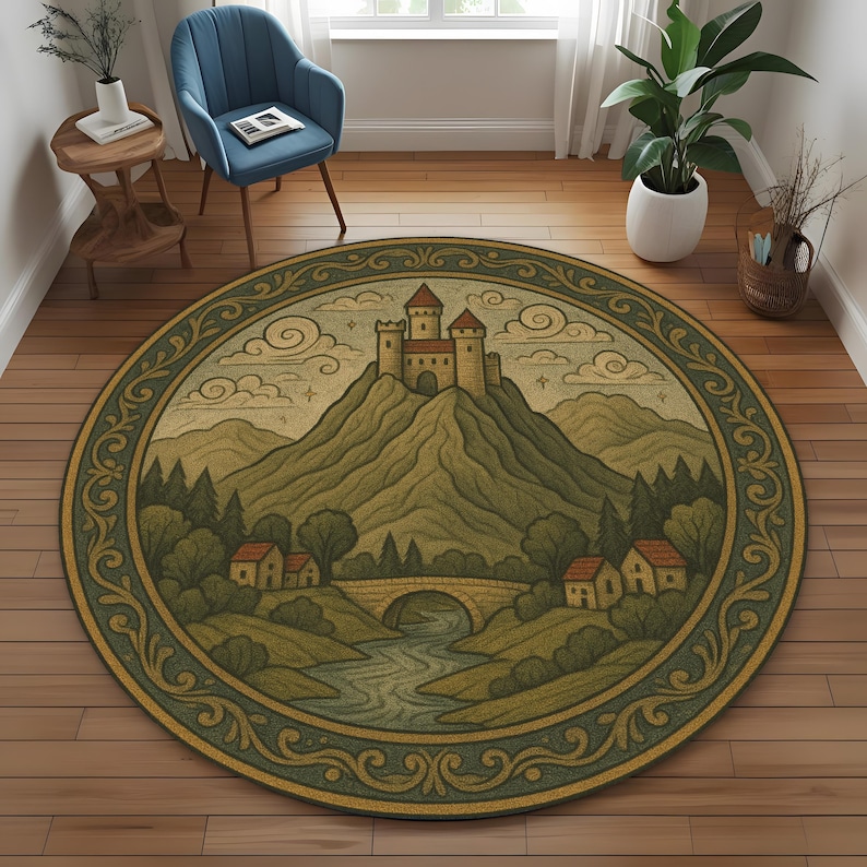 Medieval Castle Round Rug: Vintage Landscape Carpet With Hilltop ...