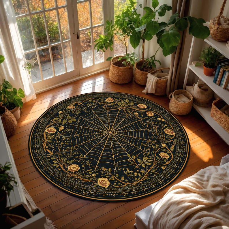 Round Gothic Rug Round Gothic Spiderweb Rug, Black Gold Floral Carpet, Witchy Boho ...