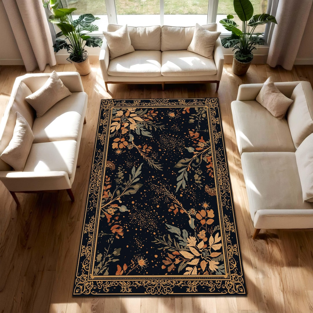 Dark Botanical Area Rug, Gold Floral Border Carpet, Vintage Cottagecore ...