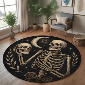Mystical Skeleton Round Rug: Celestial Skull Scene Carpet For Witchy Or Gothic Living Room Decor