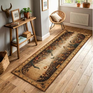 May include: A rectangular area rug with a fantasy library design. The rug features a central pathway lined with bookshelves, with flying creatures and floating books. The border has a decorative pattern. The rug is placed on a wooden floor.