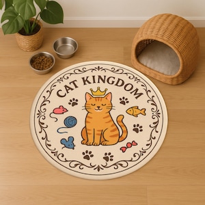 Tapis Cat Kingdom : joli tapis rond pour chat avec un chaton royal et des jouets pour les coins confortables des animaux de compagnie et les aires de restauration
