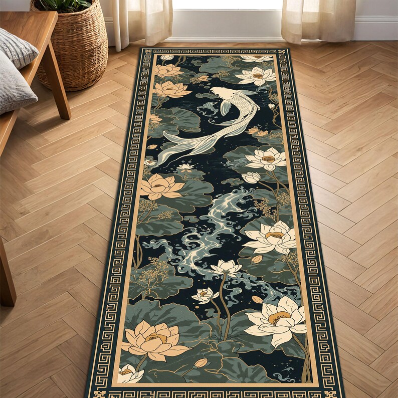 May include: A rectangular rug featuring a koi carp swimming amongst lotus flowers. The rug has a dark blue background with cream and green accents. A cream border with a geometric pattern frames the design.