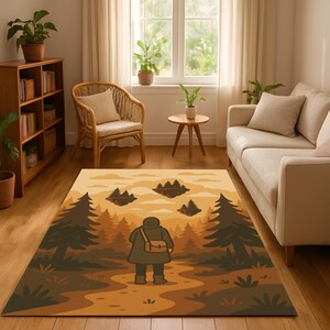 Ghibli Style Floating Forest Rug, Mysterious Woods Fantasy Carpet, Cozy Adventure Room Decor, Warm Toned Anime Inspired Area Rug