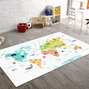Bunte Tierweltkarte Kinderteppich, Lernteppich für Kinderzimmer, Spielzimmer-Lernmatte, weicher und lustiger Bodendekor, Lernteppich