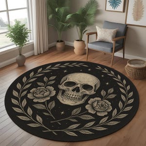 Floral Skull Round Rug: Gothic Rose And Skull Design Carpet For Mystical, Occult Or Dark Room Decor