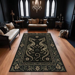 Gothic Dragon Floral Rug: Medieval Fantasy Home Decor