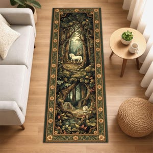 Unicorn Forest Runner Rug, Fantasy Tapestry Rug, Mystical Woodland Decor, Medieval Style Hallway Rug, Enchanted Unicorn Carpet, Washable Rug