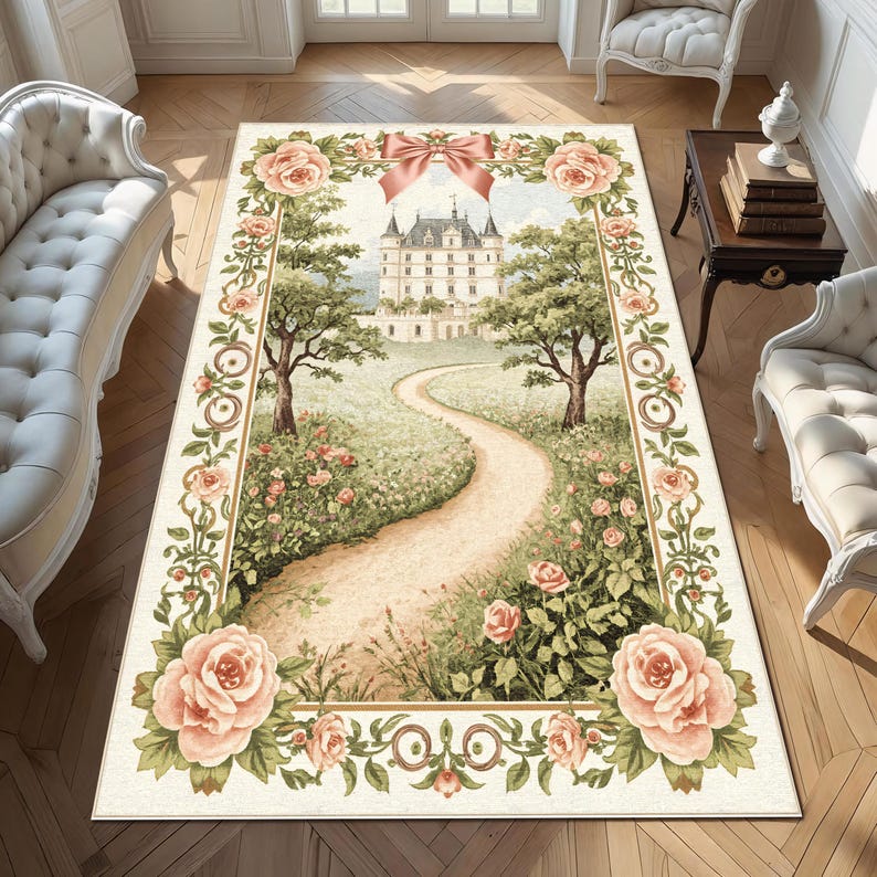 Fairytale Chateau Rug, Romantic Pathway Castle Carpet, Pink Floral ...