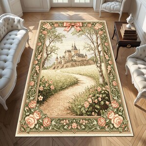 Châteaucore Castle Rug, Fairytale Rose Path Carpet, French Storybook Decor, Antique Style Tapestry Rug, Romantic Pastel Castleview Rug image 3