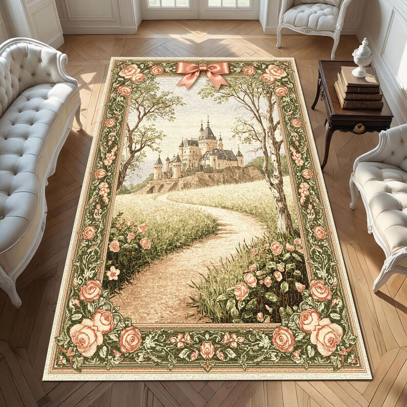 Châteaucore Castle Rug, Fairytale Rose Path Carpet, French Storybook Decor, Antique Style Tapestry Rug, Romantic Pastel Castleview Rug image 3