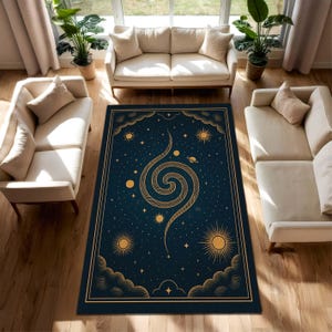 Celestial Galaxy Area Rug, Dark Blue Spiral Star Carpet, Mystical Cosmic Moon and Sun Rug for Living Room, Astral Universe Inspired Mat