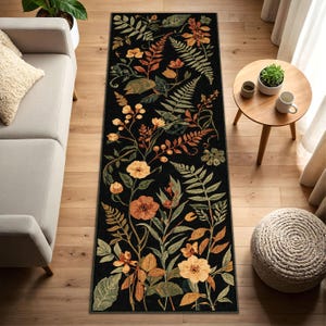 Black Botanical Runner Rug – Vintage Floral Hallway Runner, Washable Non Slip Low Pile, Kitchen Entryway Area Carpet, Autumn Garden Decor