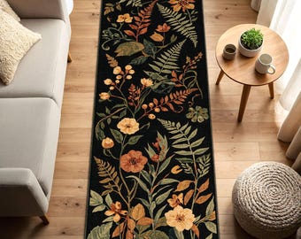 Black Botanical Runner Rug – Vintage Floral Hallway Runner, Washable Non Slip Low Pile, Kitchen Entryway Area Carpet, Autumn Garden Decor