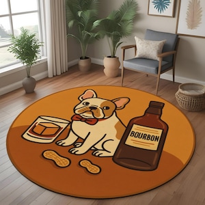 Alfombra redonda con diseño de perro: Bulldog francés con bourbon y cacahuetes para decorar tu salón o bar, un regalo divertido para los amantes de las mascotas.
