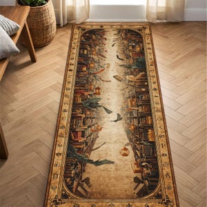 May include: A rectangular rug featuring a library design with bookshelves on either side of a central path. The rug has a vintage aesthetic with flying books, birds, and lanterns. The color palette includes browns, tans, and touches of red and green.