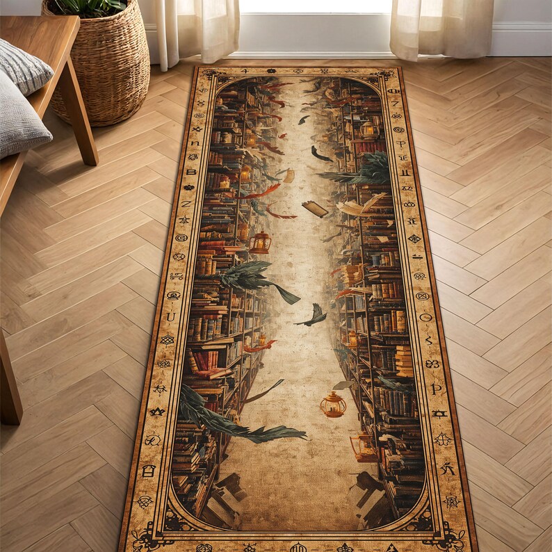 May include: A rectangular rug featuring a library design with bookshelves on either side of a central path. The rug has a vintage aesthetic with flying books, birds, and lanterns. The color palette includes browns, tans, and touches of red and green.