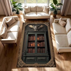 May include: A rectangular area rug featuring a dark green bookcase design with an owl perched above. The rug has a gold ornate frame and is surrounded by cream-colored sofas and plants, creating a cozy living room setting.