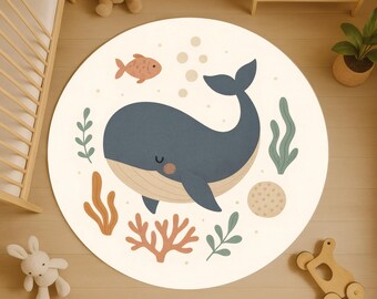 Whale Ocean Round Rug: Cute Sea Life Nursery Carpet with Coral and Fish for Baby Room or Toddler Underwater Theme