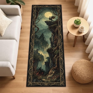 Twilight Dragon Runner Rug, Fantasy Tapestry Rug, Moonlit Castle Decor, Gothic Hallway Rug, Mythical Creature Rug, Dark Forest Washable Rug