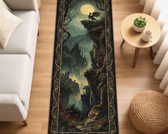Twilight Dragon Runner Rug, Fantasy Tapestry Rug, Moonlit Castle Decor, Gothic Hallway Rug, Mythical Creature Rug, Dark Forest Washable Rug