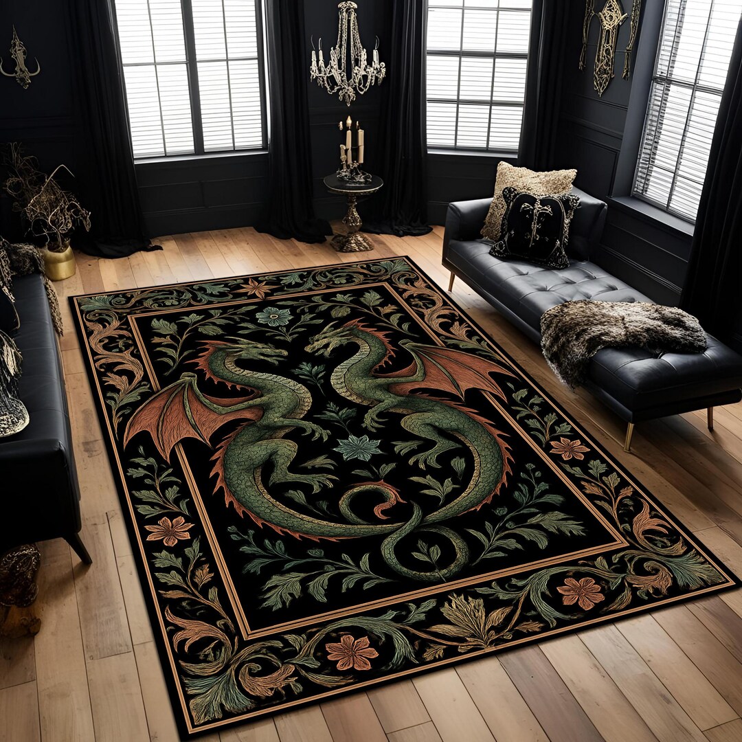Colorful Rug Medieval Medieval Dragon Tapestry Style Rug, Gothic Black Green Fantasy Carpet ...